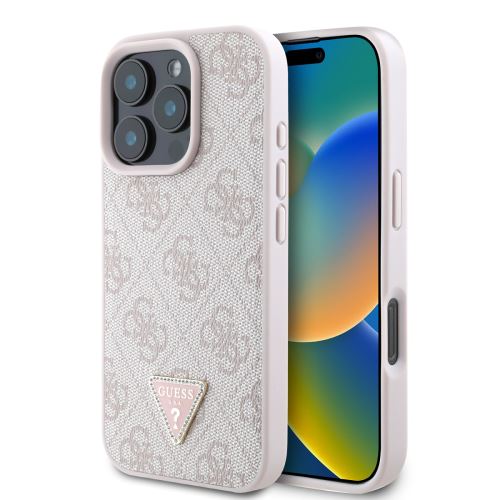Guess PU 4G Strass Triangle Metal Logo Case for iPhone 16 Pro Max Pink