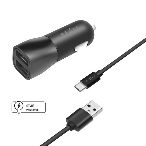 Set autonabíječky FIXED s 2xUSB výstupem a USB/USB-C kabelu, 1 metr, 15W Smart Rapid Charg