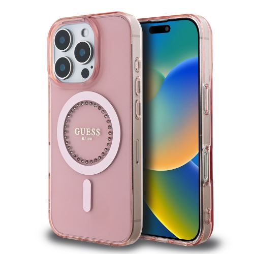 Guess IML Rhinestones Ring MagSafe Case for iPhone 16 Pro Pink