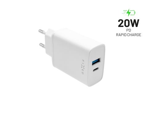 Síťová nabíječka FIXED s USB-C a USB výstupem, podpora PD a QC 3.0, 20W, bílá