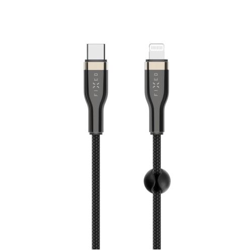 Dlouhý nabíjecí a datový opletený kabel FIXED s konektory USB-C/Lightning a podporou PD, 2m, MFI, černý