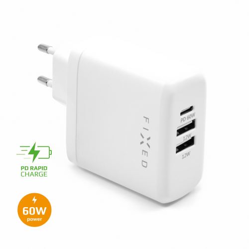 Síťová nabíječka FIXED s USB-C a 2xUSB výstupem, podpora PD, 60W, bílá