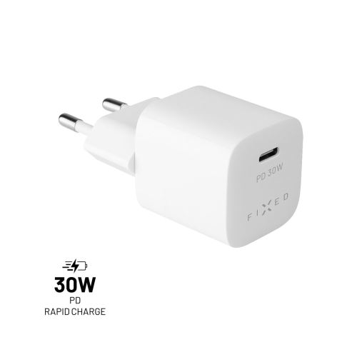 Síťová nabíječka FIXED mini s USB-C výstupem, podpora PD, 30W, bílá