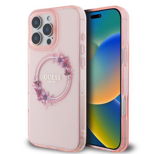 Guess IML Flowers Ring MagSafe Case for iPhone 16 Pro Max Pink