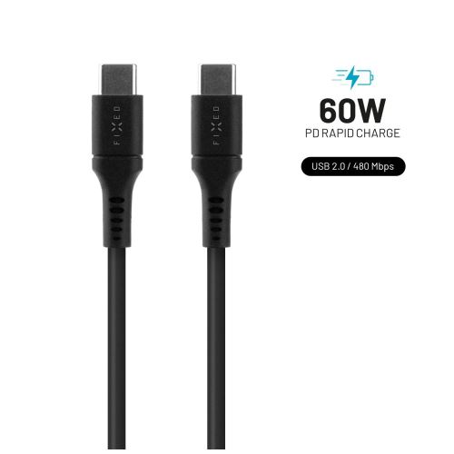 Nabíjecí a datový Liquid silicone kabel FIXED s konektory USB-C/USB-C a podporou PD, 1.2m, USB 2.0, 60W, černý