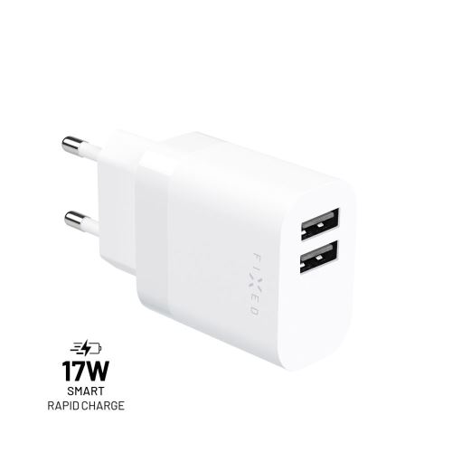 Síťová nabíječka FIXED s 2xUSB výstupem, 17W Smart Rapid Charge, bílá