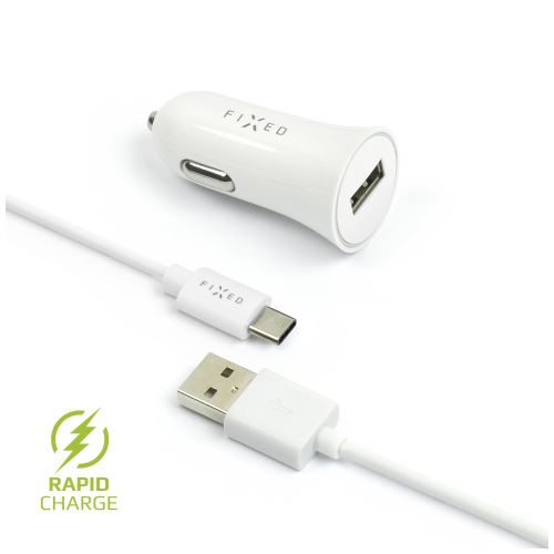 Set autonabíječky FIXED s USB výstupem a USB/USB-C kabelu, 1 metr, 12W, bílá