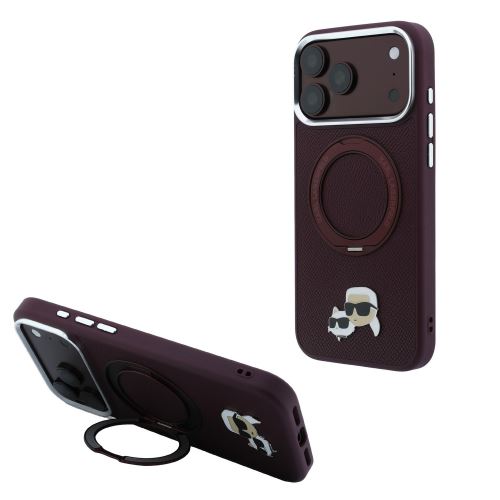 Karl Lagerfeld PU Grained K&CH Heads Ring Stand Magsafe Case for iPhone 18 Pro Burgundy