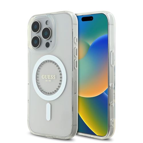 Guess IML Rhinestones Ring MagSafe Case for iPhone 16 Pro White