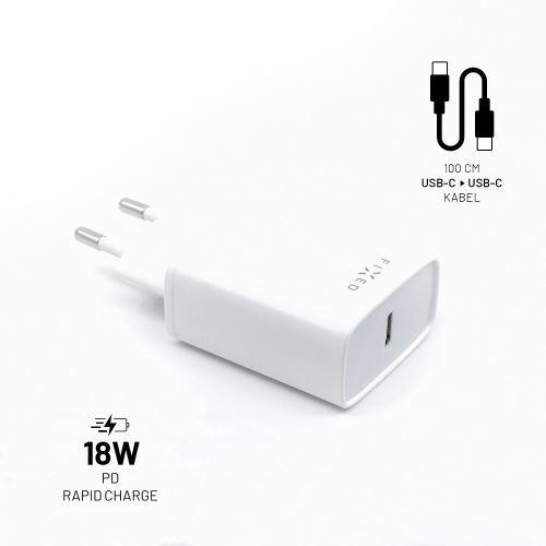 Set síťové nabíječky FIXED s USB-C výstupem a USB-C/USB-C kabelu, podpora PD, 1 metr, 18W,