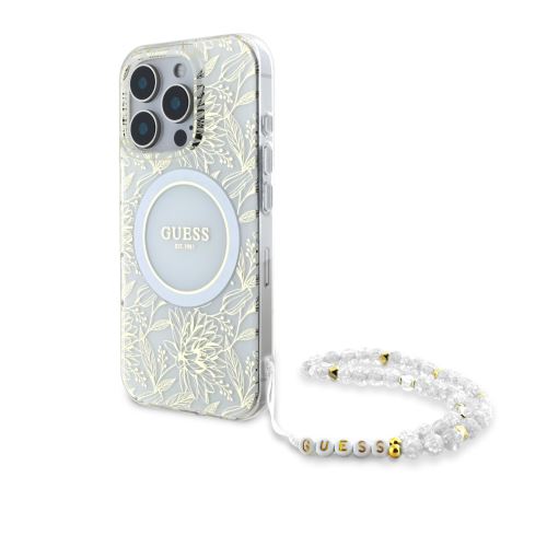 Guess IML Flowers Allover Strap MagSafe Case for iPhone 16 Pro Max White