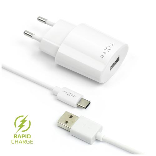 Set síťové nabíječky FIXED s 2xUSB výstupem a USB/USB-C kabelu, 1 metr, 15W Smart Rapid Ch