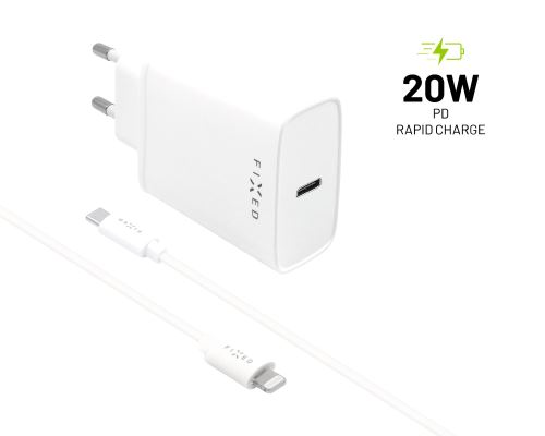 Set síťové nabíječky FIXED s USB-C výstupem a USB-C/Lightning kabelu, podpora PD, 1 metr, MFI, 20W, bílý