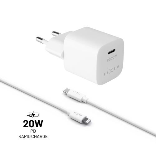 Set síťové nabíječky FIXED Mini s USB-C výstupem a USB-C/Lightning kabelu, podpora PD, 1 metr, MFI, 20W, bílý
