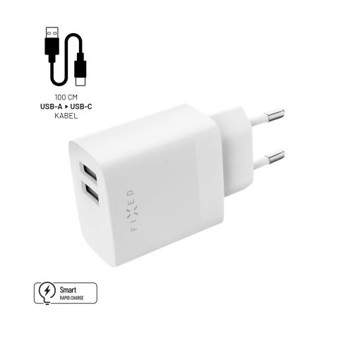 Set síťové nabíječky FIXED s 2xUSB výstupem a USB/USB-C kabelu, 1 metr, 17W Smart Rapid Charge, bílá