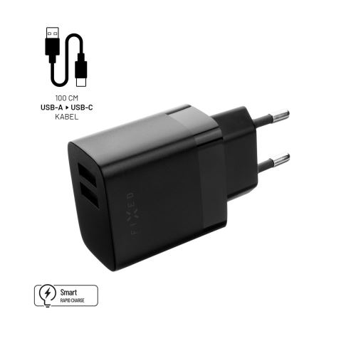 Set síťové nabíječky FIXED s 2xUSB výstupem a USB/USB-C kabelu, 1 metr, 17W Smart Rapid Charge, černá