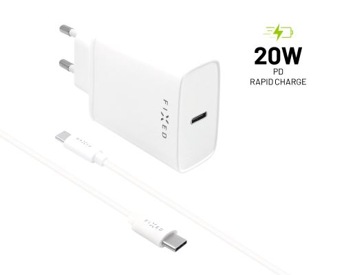 Set síťové nabíječky FIXED s USB-C výstupem a USB-C/USB-C kabelu, podpora PD, 1 metr, 20W, bílý