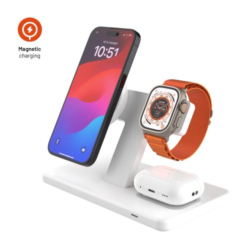 Stojánek s bezdrátovým nabíjením 3v1 FIXED MagPowerstation s podporou MagSafe, 15W+15W+5W,