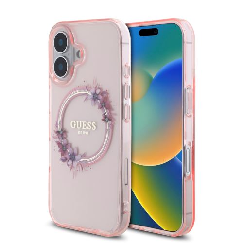 Guess IML Flowers Ring MagSafe Case for iPhone 16 Pink