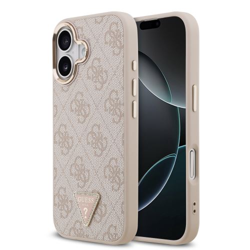 Guess PU Leather 4G Triangle Logo Gold Frame MagSafe Case for iPhone 17 Pink